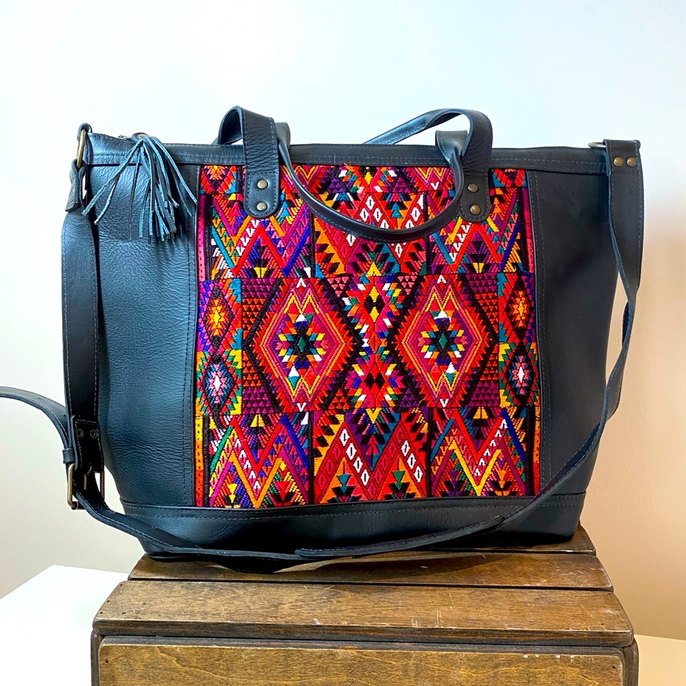 LEATHER Black Mexican Large High Quality TAPASTRY Shoulder NEW UNIQUE! $399